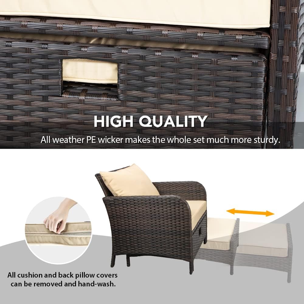 LEVELEVE Balcony Furniture 5 Piece Patio Conversation Set, PE Wicker Rattan Outdoor Lounge Chairs with Soft Cushions 2 Ottoman&Glass Table for Porch, Lawn-Brown Wicker - Image 4