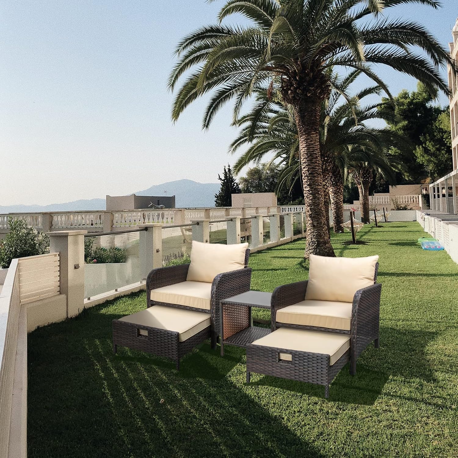 LEVELEVE Balcony Furniture 5 Piece Patio Conversation Set, PE Wicker Rattan Outdoor Lounge Chairs with Soft Cushions 2 Ottoman&Glass Table for Porch, Lawn-Brown Wicker - Image 2