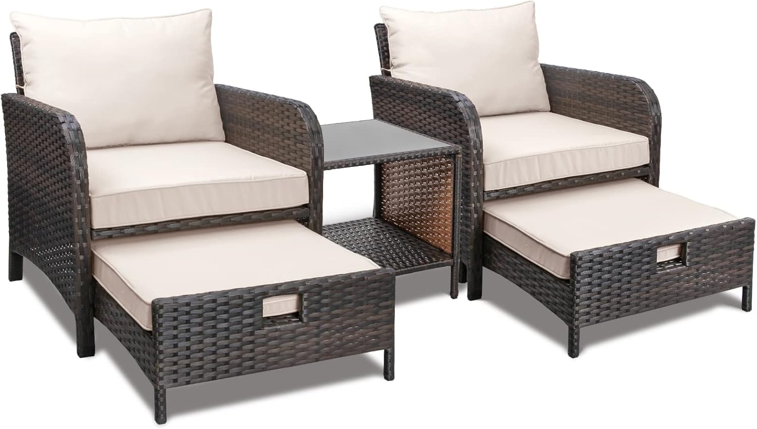 LEVELEVE Balcony Furniture 5 Piece Patio Conversation Set, PE Wicker Rattan Outdoor Lounge Chairs with Soft Cushions 2 Ottoman&Glass Table for Porch, Lawn-Brown Wicker - Image 8