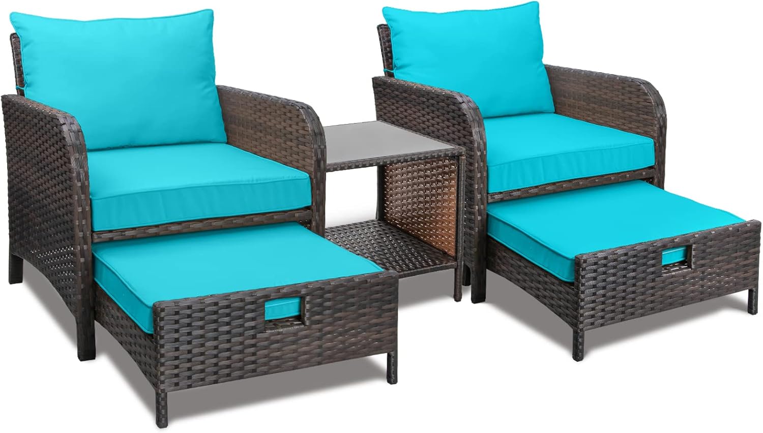 LEVELEVE Balcony Furniture 5 Piece Patio Conversation Set, PE Wicker Rattan Outdoor Lounge Chairs with Soft Cushions 2 Ottoman&Glass Table for Porch, Lawn-Brown Wicker - Image 10