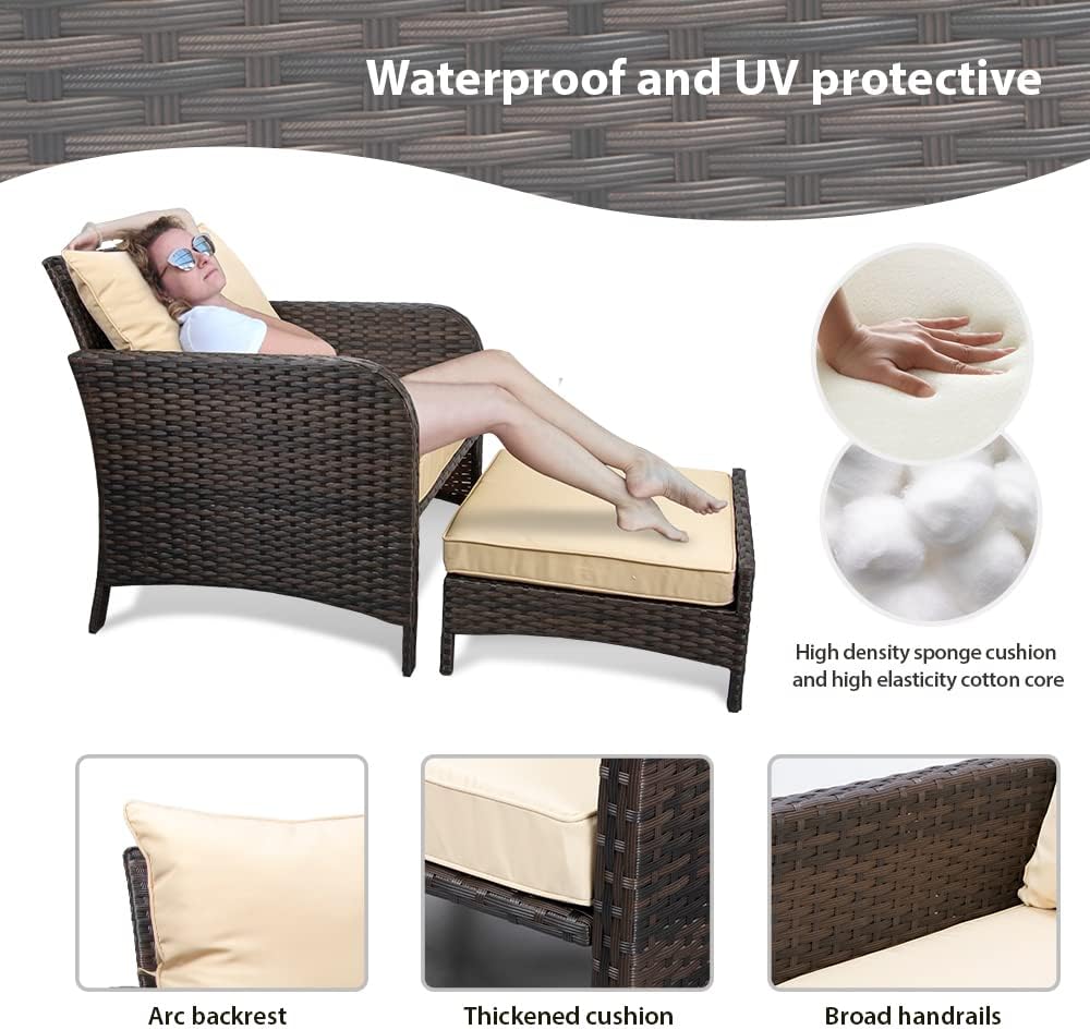 LEVELEVE Balcony Furniture 5 Piece Patio Conversation Set, PE Wicker Rattan Outdoor Lounge Chairs with Soft Cushions 2 Ottoman&Glass Table for Porch, Lawn-Brown Wicker - Image 3