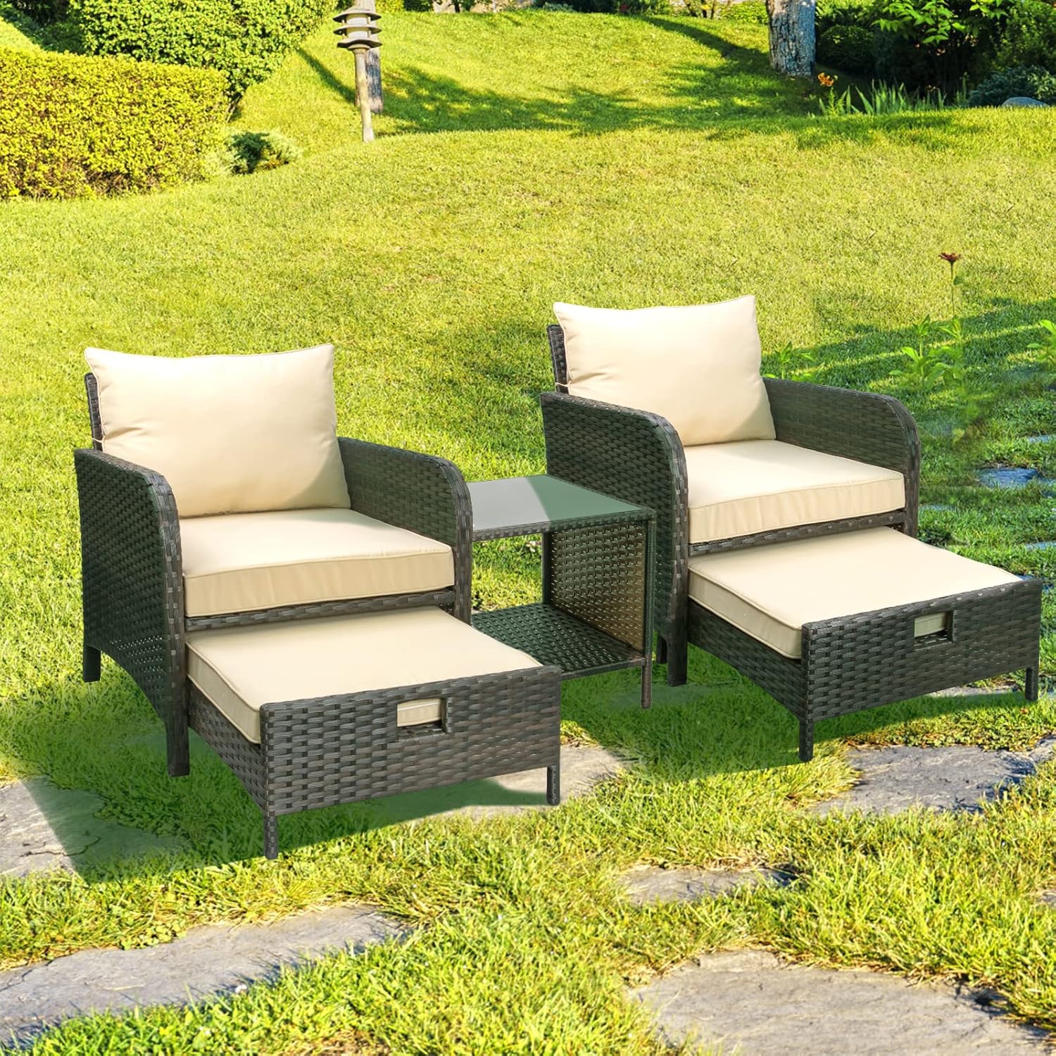 LEVELEVE Balcony Furniture 5 Piece Patio Conversation Set, PE Wicker Rattan Outdoor Lounge Chairs with Soft Cushions 2 Ottoman&Glass Table for Porch, Lawn-Brown Wicker - Image 6