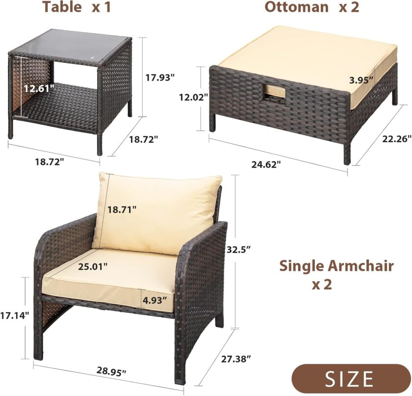 LEVELEVE Balcony Furniture 5 Piece Patio Conversation Set, PE Wicker Rattan Outdoor Lounge Chairs with Soft Cushions 2 Ottoman&Glass Table for Porch, Lawn-Brown Wicker - Image 5