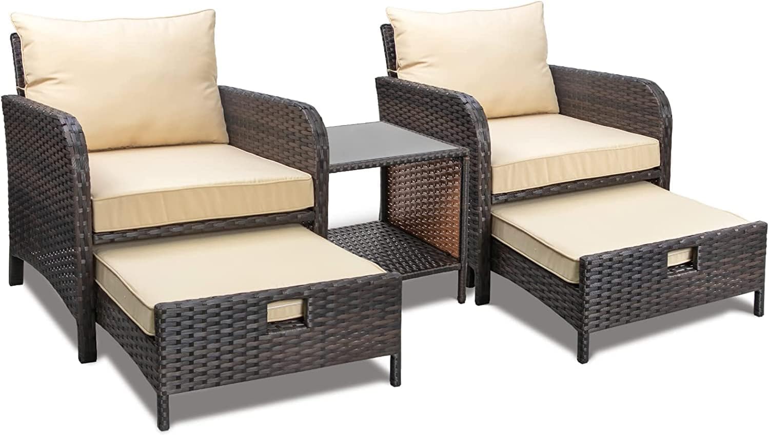 LEVELEVE Balcony Furniture 5 Piece Patio Conversation Set, PE Wicker Rattan Outdoor Lounge Chairs with Soft Cushions 2 Ottoman&Glass Table for Porch, Lawn-Brown Wicker - Image 9