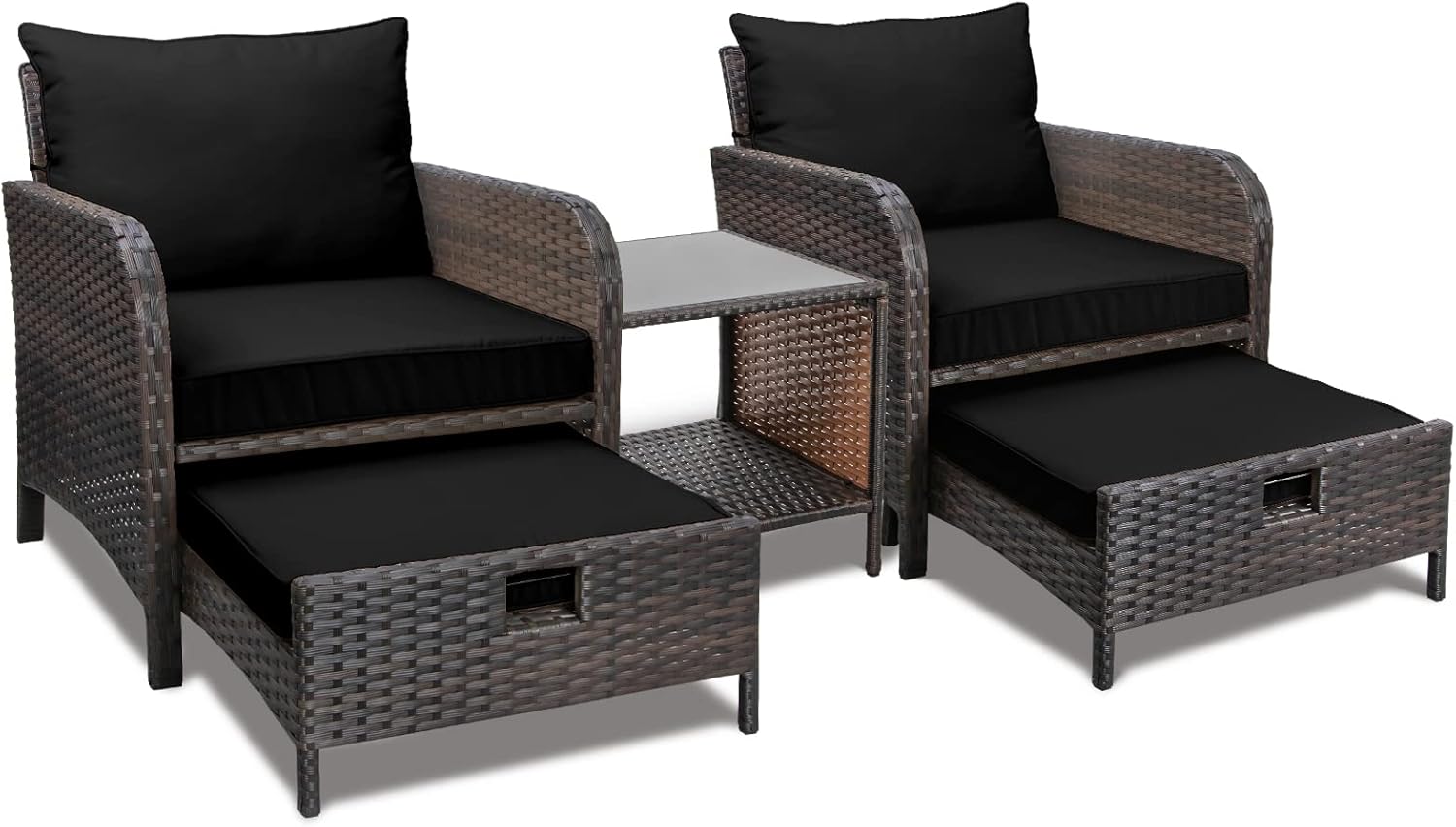 LEVELEVE Balcony Furniture 5 Piece Patio Conversation Set, PE Wicker Rattan Outdoor Lounge Chairs with Soft Cushions 2 Ottoman&Glass Table for Porch, Lawn-Brown Wicker - Image 11