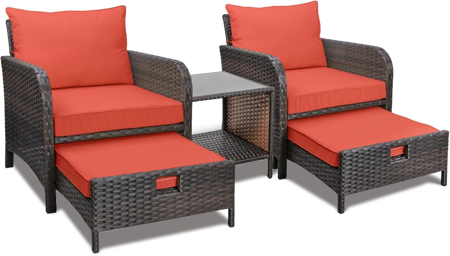 LEVELEVE Balcony Furniture 5 Piece Patio Conversation Set, PE Wicker Rattan Outdoor Lounge Chairs with Soft Cushions 2 Ottoman&Glass Table for Porch, Lawn-Brown Wicker - Image 12