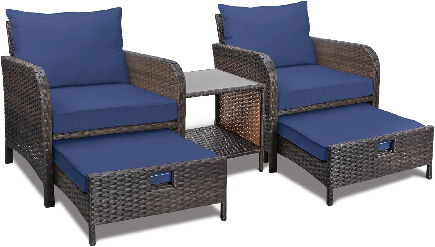 LEVELEVE Balcony Furniture 5 Piece Patio Conversation Set, PE Wicker Rattan Outdoor Lounge Chairs with Soft Cushions 2 Ottoman&Glass Table for Porch, Lawn-Brown Wicker - Image 7