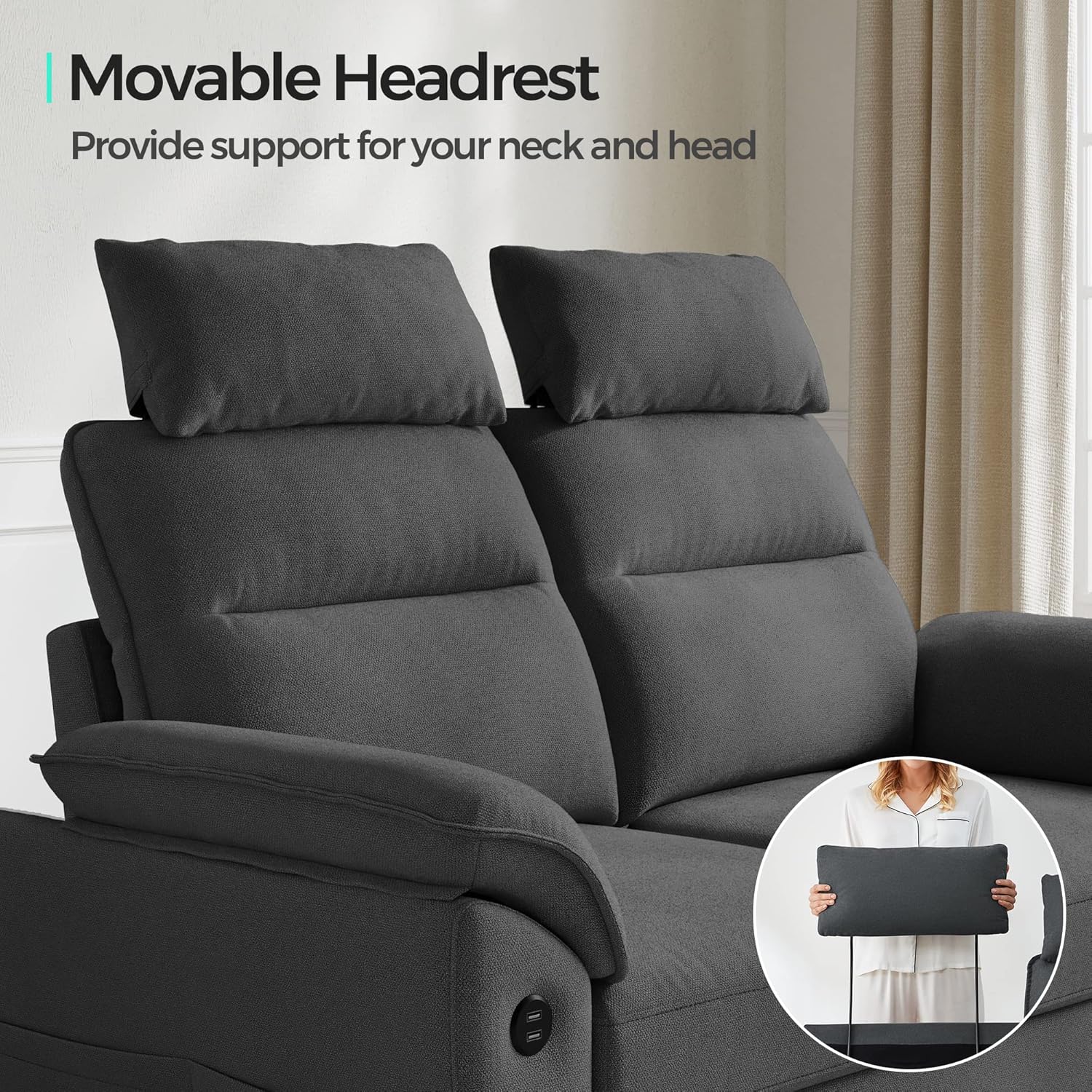 LINSY HOME Loveseat Sofa, Small Sofa with 2 USB Charging Ports and Side Pockets, 2 Seat Loveseat Couch for Small Spaces, Living Room, Cushion Covers Removable, Tool-Free Assembly, Dark Grey - Image 6