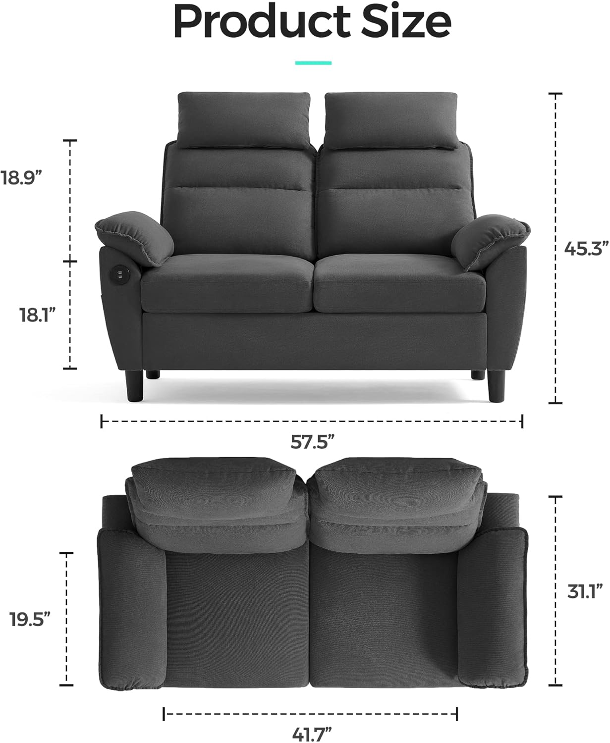 LINSY HOME Loveseat Sofa, Small Sofa with 2 USB Charging Ports and Side Pockets, 2 Seat Loveseat Couch for Small Spaces, Living Room, Cushion Covers Removable, Tool-Free Assembly, Dark Grey - Image 2