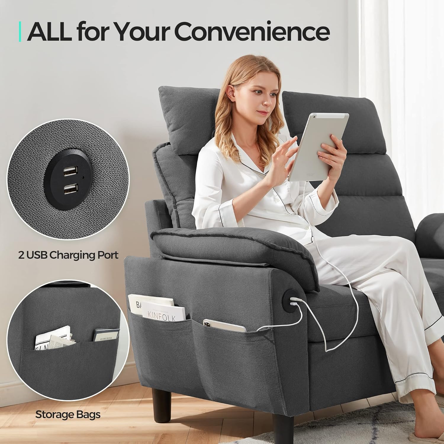 LINSY HOME Loveseat Sofa, Small Sofa with 2 USB Charging Ports and Side Pockets, 2 Seat Loveseat Couch for Small Spaces, Living Room, Cushion Covers Removable, Tool-Free Assembly, Dark Grey - Image 5