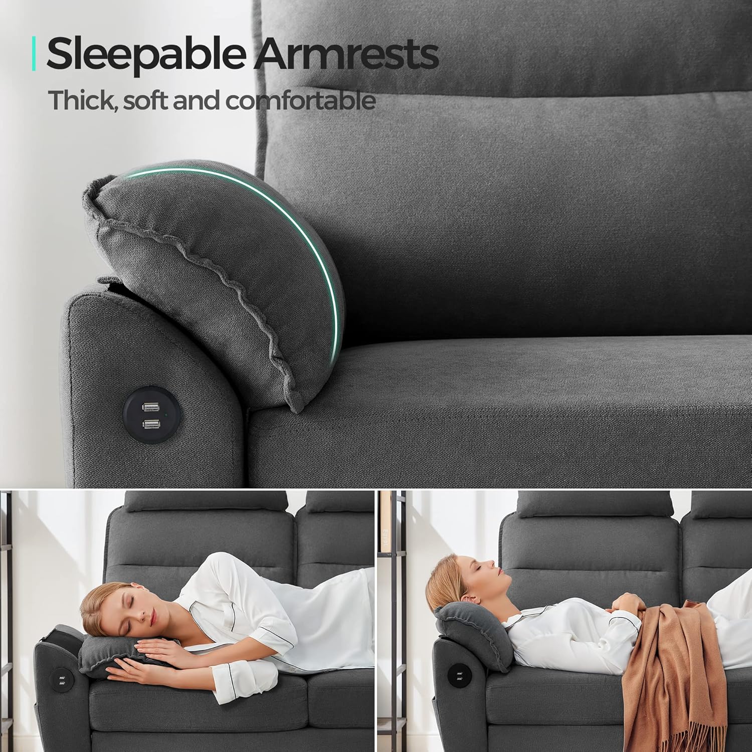 LINSY HOME Loveseat Sofa, Small Sofa with 2 USB Charging Ports and Side Pockets, 2 Seat Loveseat Couch for Small Spaces, Living Room, Cushion Covers Removable, Tool-Free Assembly, Dark Grey - Image 4