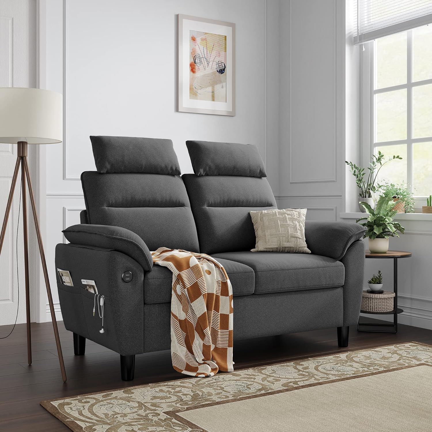LINSY HOME Loveseat Sofa, Small Sofa with 2 USB Charging Ports and Side Pockets, 2 Seat Loveseat Couch for Small Spaces, Living Room, Cushion Covers Removable, Tool-Free Assembly, Dark Grey