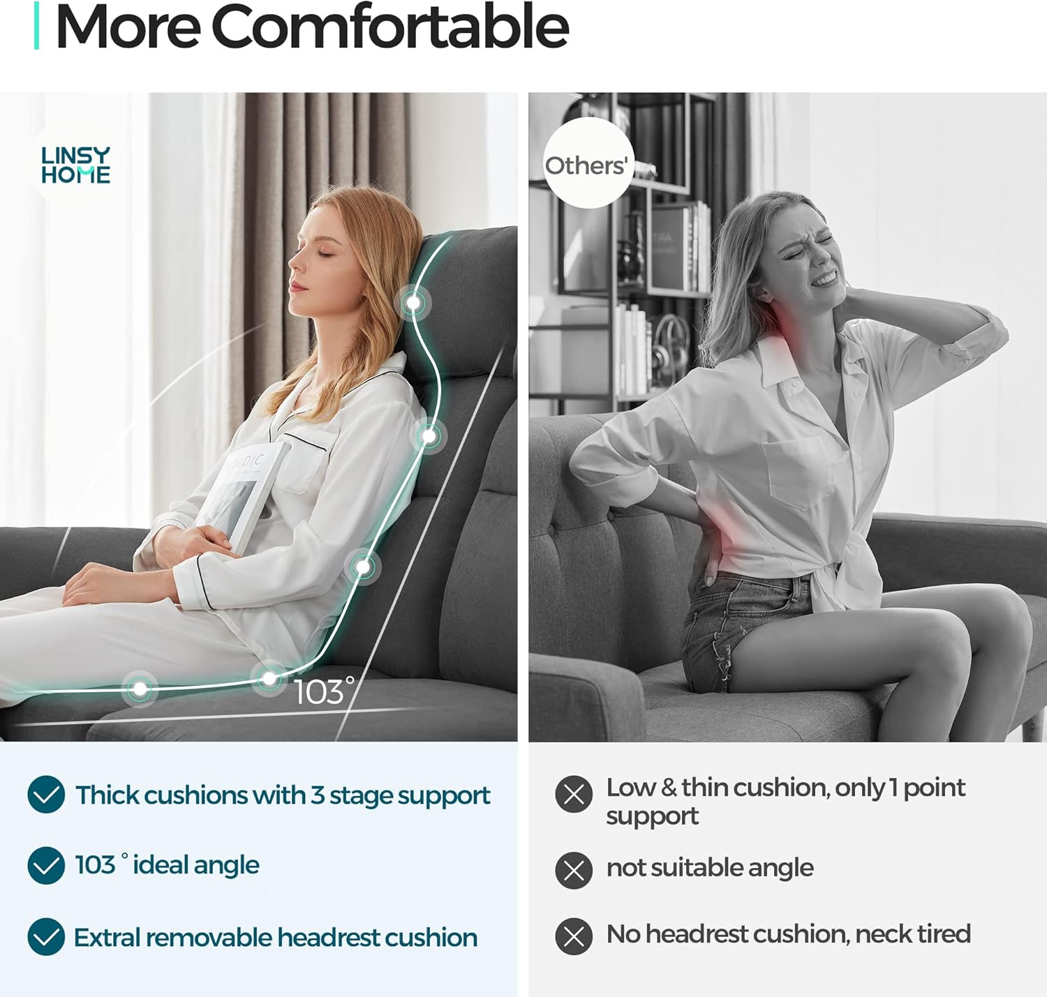 LINSY HOME Loveseat Sofa, Small Sofa with 2 USB Charging Ports and Side Pockets, 2 Seat Loveseat Couch for Small Spaces, Living Room, Cushion Covers Removable, Tool-Free Assembly, Dark Grey - Image 3