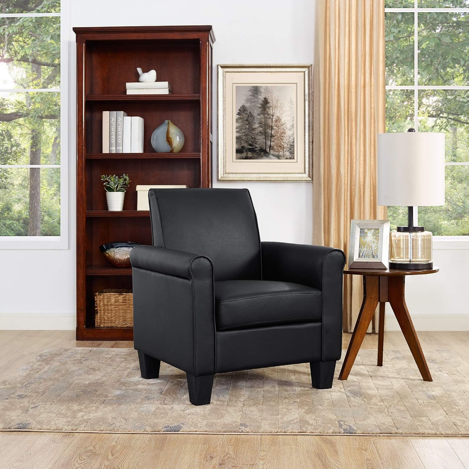 Lohoms Modern Faux Leather Accent Chair Upholstered Living Room Arm Chairs Comfy Single Sofa Chair Black