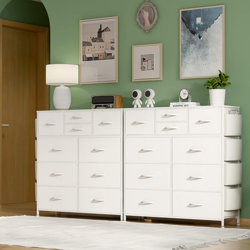 Lulive 10 Drawer Dresser, Chest of Drawers for Bedroom with Side Pockets and Hooks, PU Storage Dresser, Sturdy Steel Frame, Wood Top, Organizer Unit for Nursery, Hallway, Closet (White) - Image 2