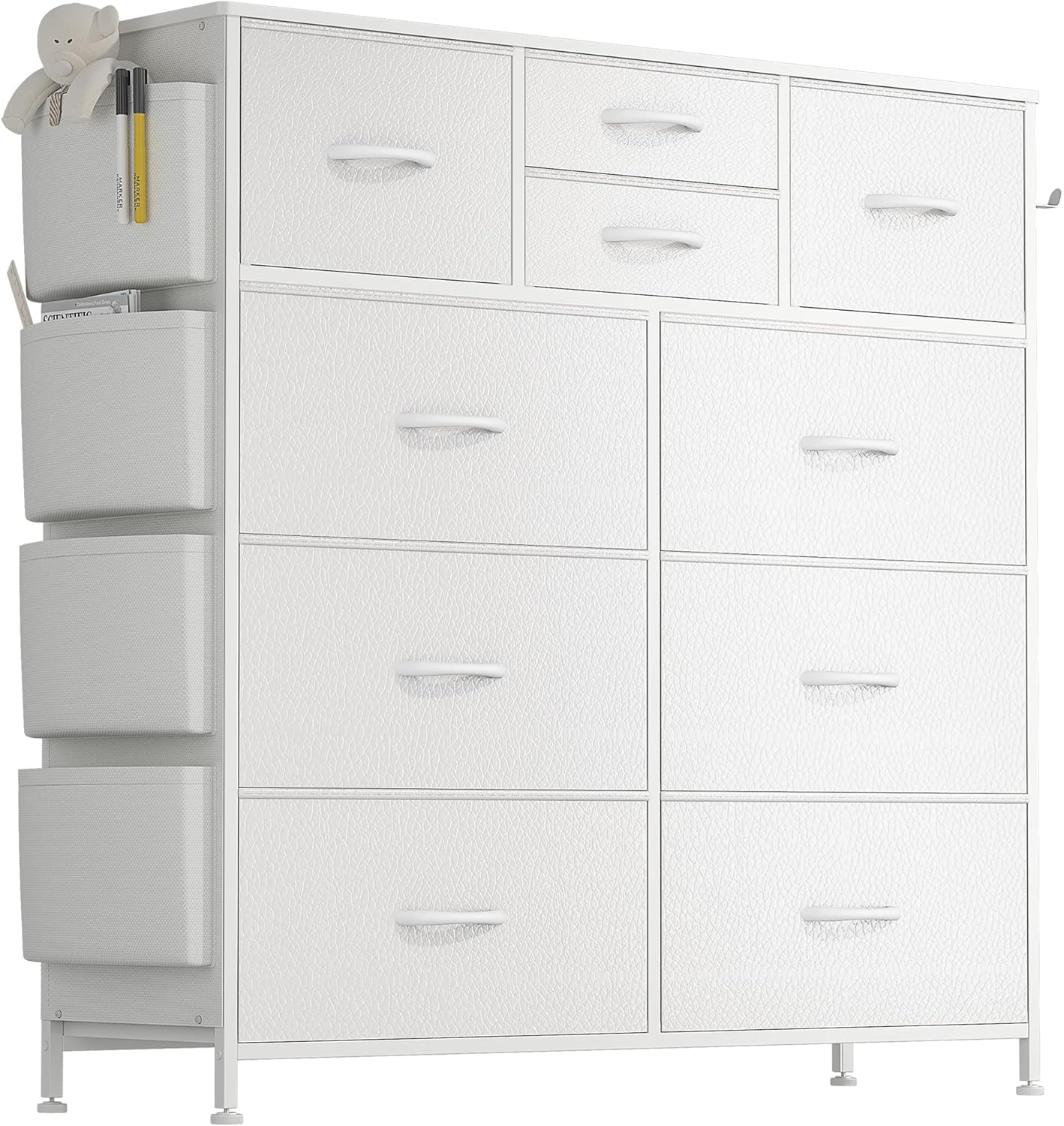 Lulive 10 Drawer Dresser, Chest of Drawers for Bedroom with Side Pockets and Hooks, PU Storage Dresser, Sturdy Steel Frame, Wood Top, Organizer Unit for Nursery, Hallway, Closet (White)