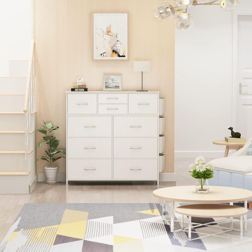 Lulive 10 Drawer Dresser, Chest of Drawers for Bedroom with Side Pockets and Hooks, PU Storage Dresser, Sturdy Steel Frame, Wood Top, Organizer Unit for Nursery, Hallway, Closet (White) - Image 4