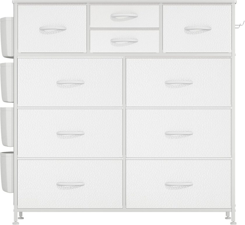 Lulive 10 Drawer Dresser, Chest of Drawers for Bedroom with Side Pockets and Hooks, PU Storage Dresser, Sturdy Steel Frame, Wood Top, Organizer Unit for Nursery, Hallway, Closet (White) - Image 8