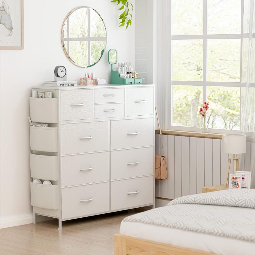 Lulive 10 Drawer Dresser, Chest of Drawers for Bedroom with Side Pockets and Hooks, PU Storage Dresser, Sturdy Steel Frame, Wood Top, Organizer Unit for Nursery, Hallway, Closet (White) - Image 7