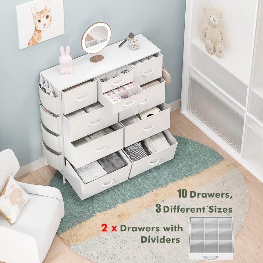 Lulive 10 Drawer Dresser, Chest of Drawers for Bedroom with Side Pockets and Hooks, PU Storage Dresser, Sturdy Steel Frame, Wood Top, Organizer Unit for Nursery, Hallway, Closet (White) - Image 5