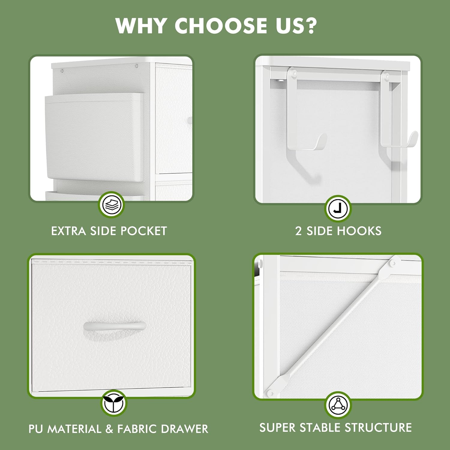 Lulive 10 Drawer Dresser, Chest of Drawers for Bedroom with Side Pockets and Hooks, PU Storage Dresser, Sturdy Steel Frame, Wood Top, Organizer Unit for Nursery, Hallway, Closet (White) - Image 6