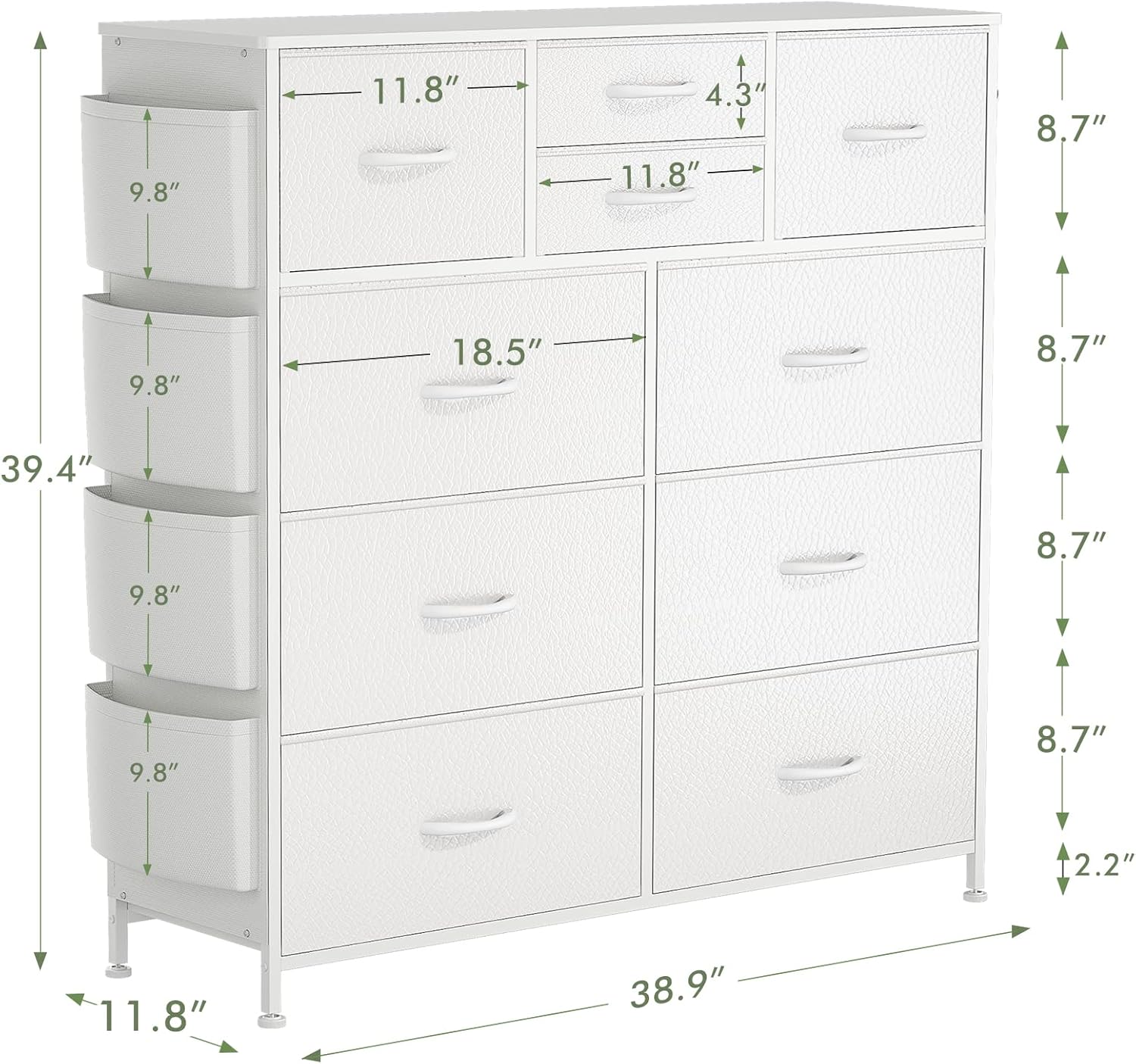 Lulive 10 Drawer Dresser, Chest of Drawers for Bedroom with Side Pockets and Hooks, PU Storage Dresser, Sturdy Steel Frame, Wood Top, Organizer Unit for Nursery, Hallway, Closet (White) - Image 3