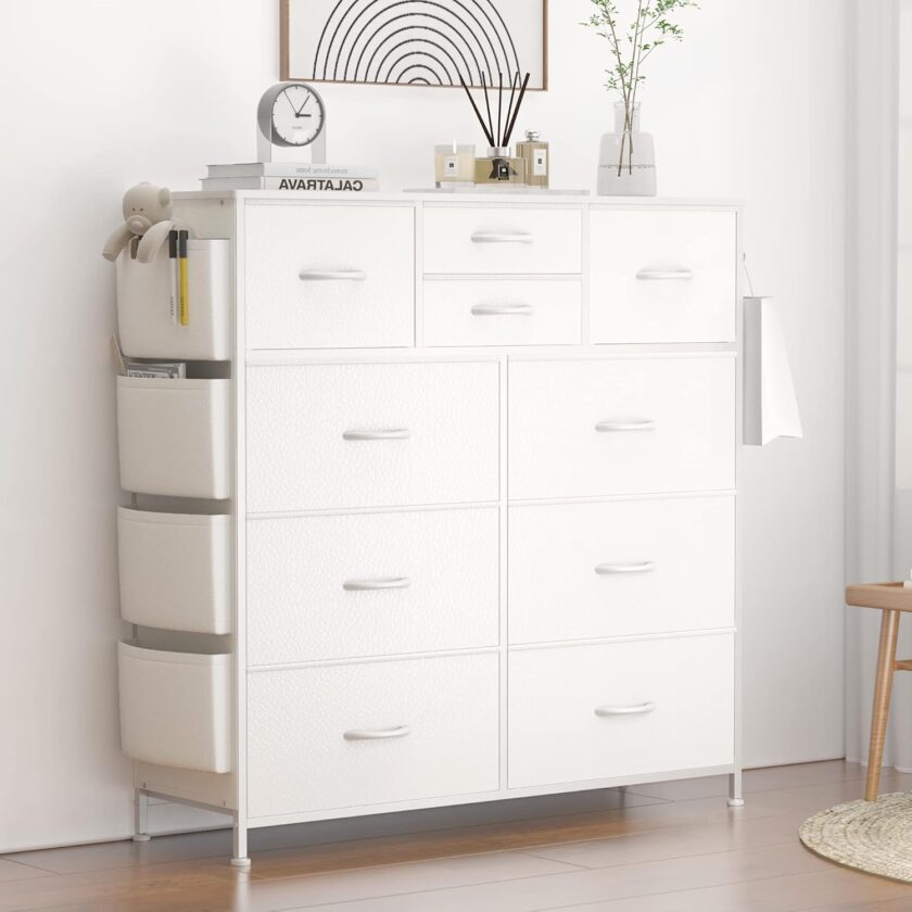 Lulive 10 Drawer Dresser, Chest of Drawers for Bedroom with Side Pockets and Hooks, PU Storage Dresser, Sturdy Steel Frame, Wood Top, Organizer Unit for Nursery, Hallway, Closet (White) - Image 9