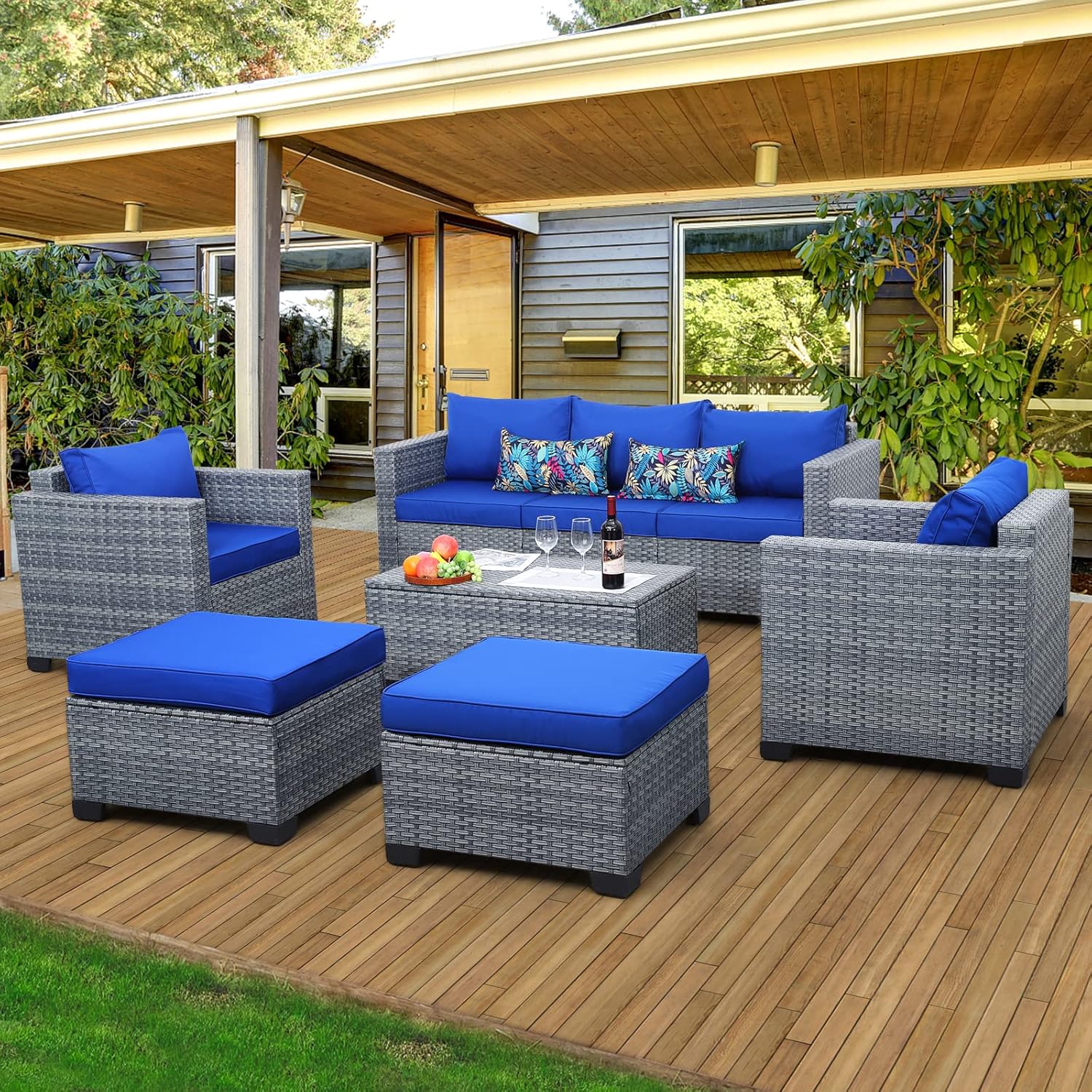 Lviden 6 Pieces Wicker Patio Furniture Sets Outdoor Conversation Set PE Rattan Sectional Sofa Couch with Storage Table and Royal Blue Cushions