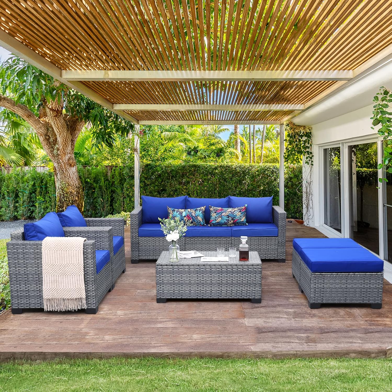 Lviden 6 Pieces Wicker Patio Furniture Sets Outdoor Conversation Set PE Rattan Sectional Sofa Couch with Storage Table and Royal Blue Cushions - Image 2