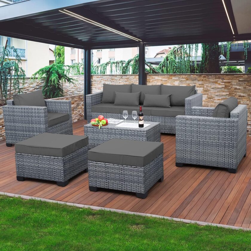Lviden 6 Pieces Wicker Patio Furniture Sets Outdoor Conversation Set PE Rattan Sectional Sofa Couch with Storage Table and Royal Blue Cushions - Image 9