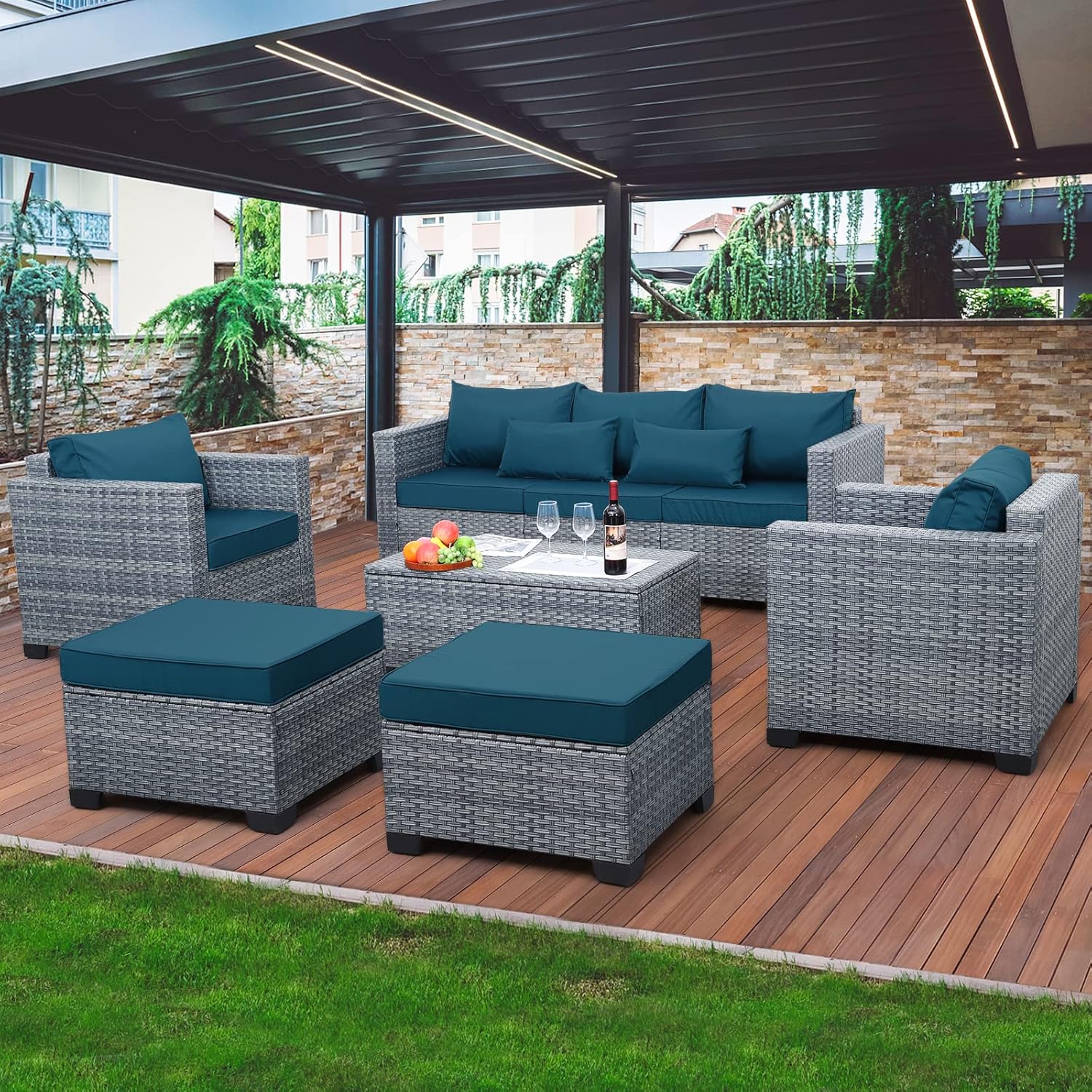 Lviden 6 Pieces Wicker Patio Furniture Sets Outdoor Conversation Set PE Rattan Sectional Sofa Couch with Storage Table and Royal Blue Cushions - Image 10