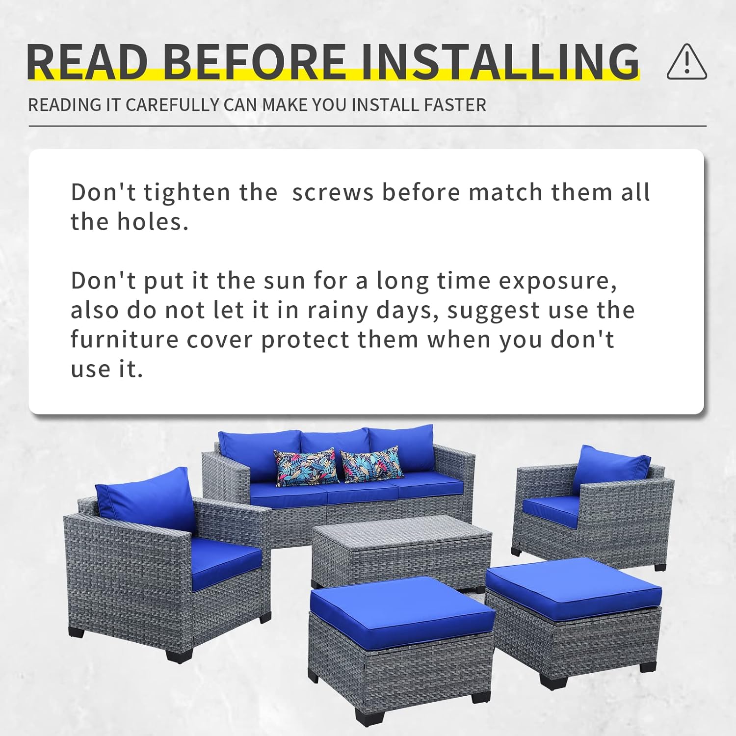 Lviden 6 Pieces Wicker Patio Furniture Sets Outdoor Conversation Set PE Rattan Sectional Sofa Couch with Storage Table and Royal Blue Cushions - Image 8