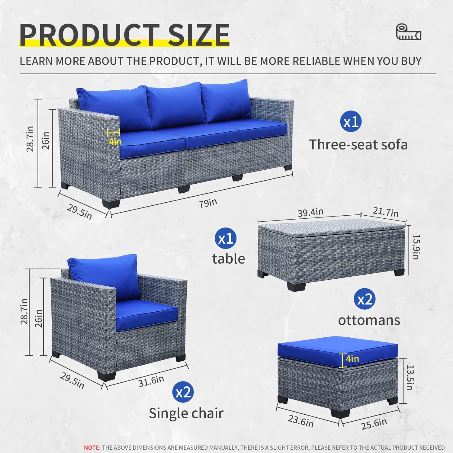Lviden 6 Pieces Wicker Patio Furniture Sets Outdoor Conversation Set PE Rattan Sectional Sofa Couch with Storage Table and Royal Blue Cushions - Image 3