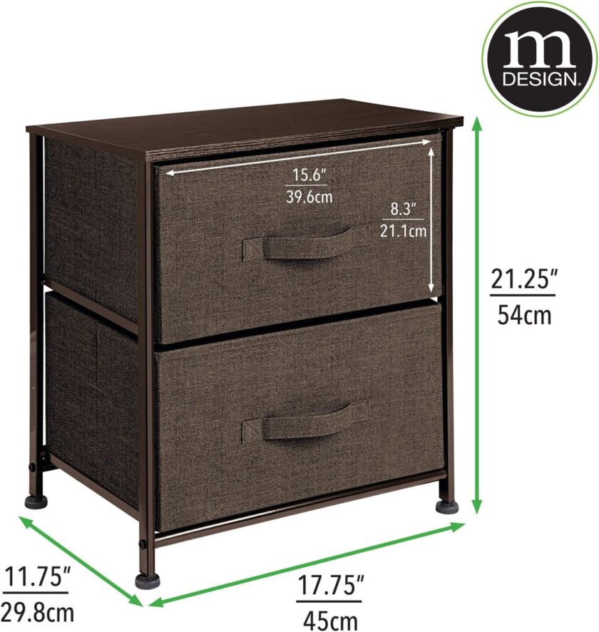 mDesign Small Storage Dresser End\/Side Table Night Stand with 2 Removable Fabric Drawers - Organizer for Bedroom, Living Room, Closet - Hold Clothes, Linens, Accessories, Lido Collection, Dark Brown - Image 3