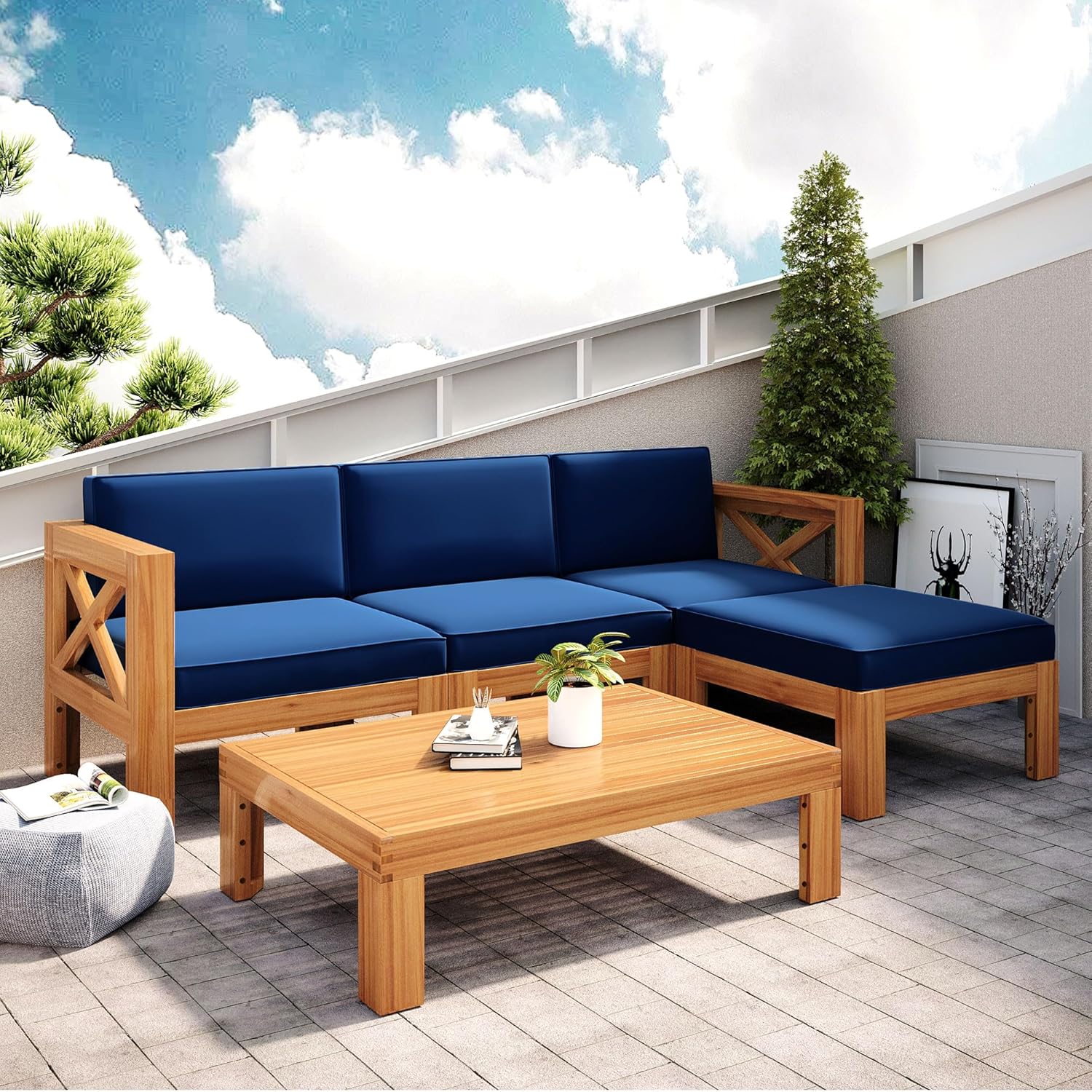 Merax Patio Furniture Sets 4 Pieces, All Weather Outdoor PE Rattan Sofa with Wood Table and Legs, for Lawn, Backyard, Poolside or Garden, Blue - Image 13