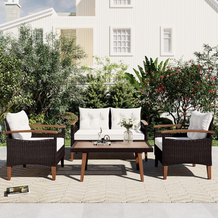 Merax Patio Furniture Sets 4 Pieces, All Weather Outdoor PE Rattan Sofa with Wood Table and Legs, for Lawn, Backyard, Poolside or Garden, Blue - Image 11