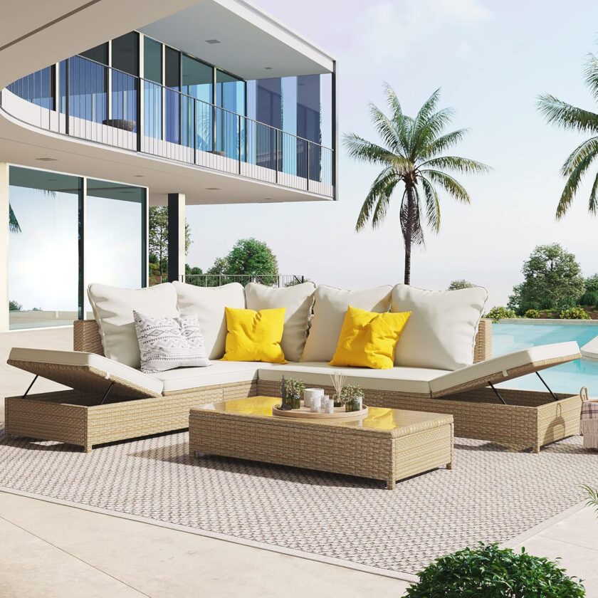 Merax Patio Furniture Sets 4 Pieces, All Weather Outdoor PE Rattan Sofa with Wood Table and Legs, for Lawn, Backyard, Poolside or Garden, Blue - Image 8