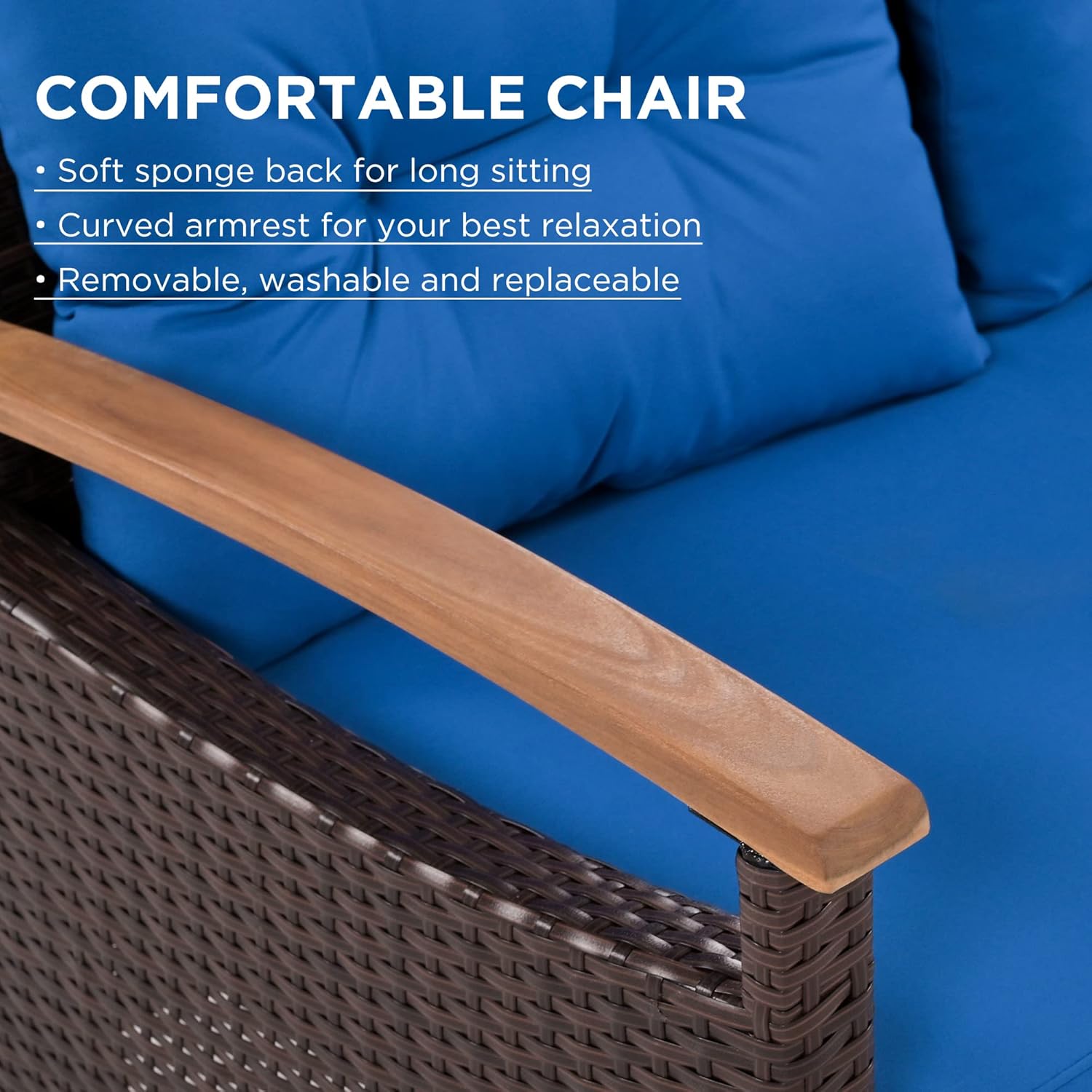 Merax Patio Furniture Sets 4 Pieces, All Weather Outdoor PE Rattan Sofa with Wood Table and Legs, for Lawn, Backyard, Poolside or Garden, Blue - Image 3