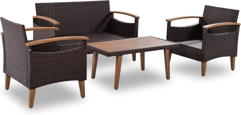 Merax Patio Furniture Sets 4 Pieces, All Weather Outdoor PE Rattan Sofa with Wood Table and Legs, for Lawn, Backyard, Poolside or Garden, Blue - Image 5