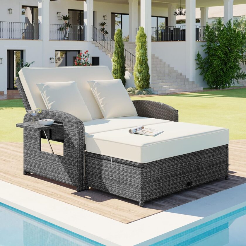 Merax Patio Furniture Sets 4 Pieces, All Weather Outdoor PE Rattan Sofa with Wood Table and Legs, for Lawn, Backyard, Poolside or Garden, Blue - Image 9