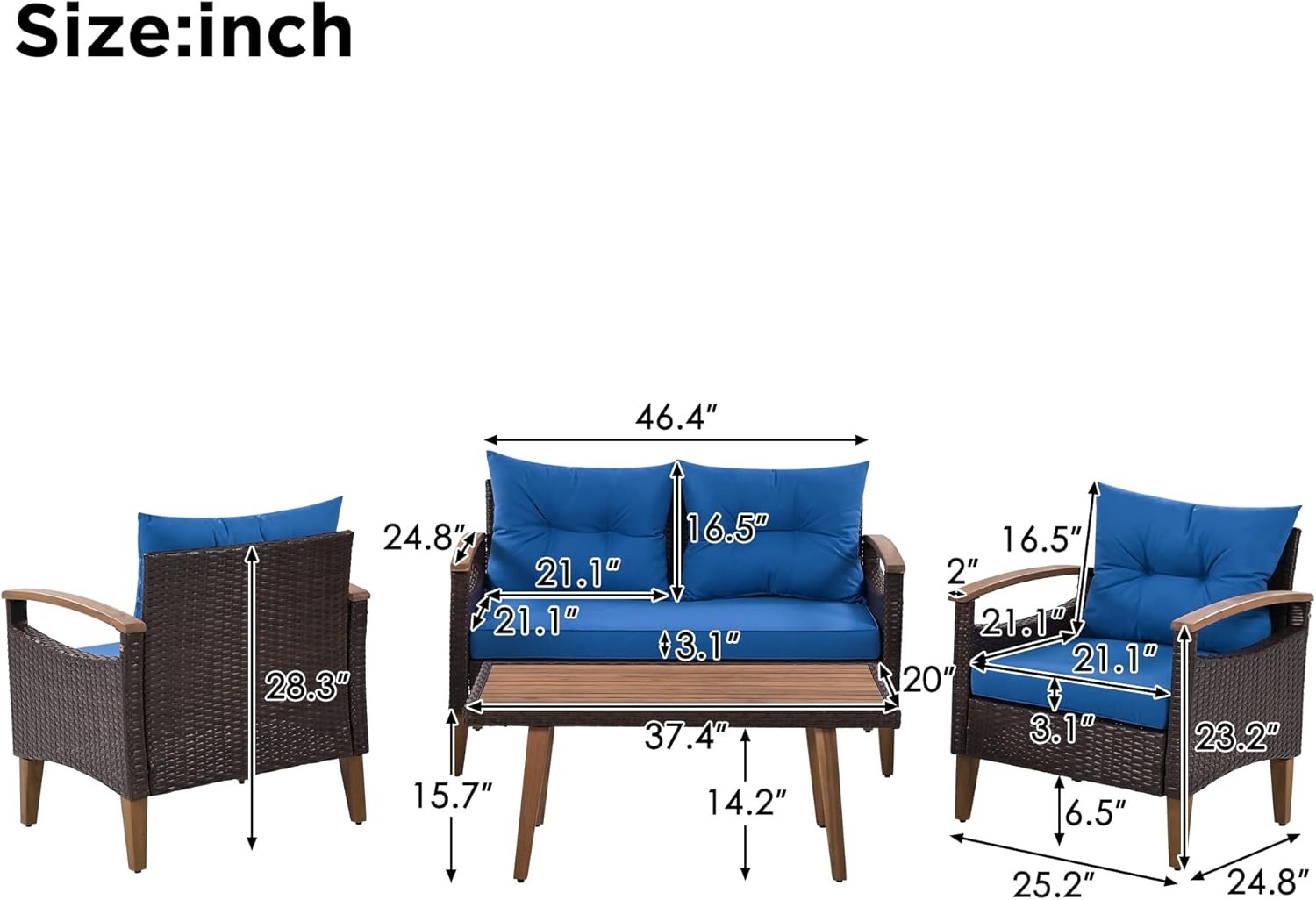 Merax Patio Furniture Sets 4 Pieces, All Weather Outdoor PE Rattan Sofa with Wood Table and Legs, for Lawn, Backyard, Poolside or Garden, Blue - Image 6
