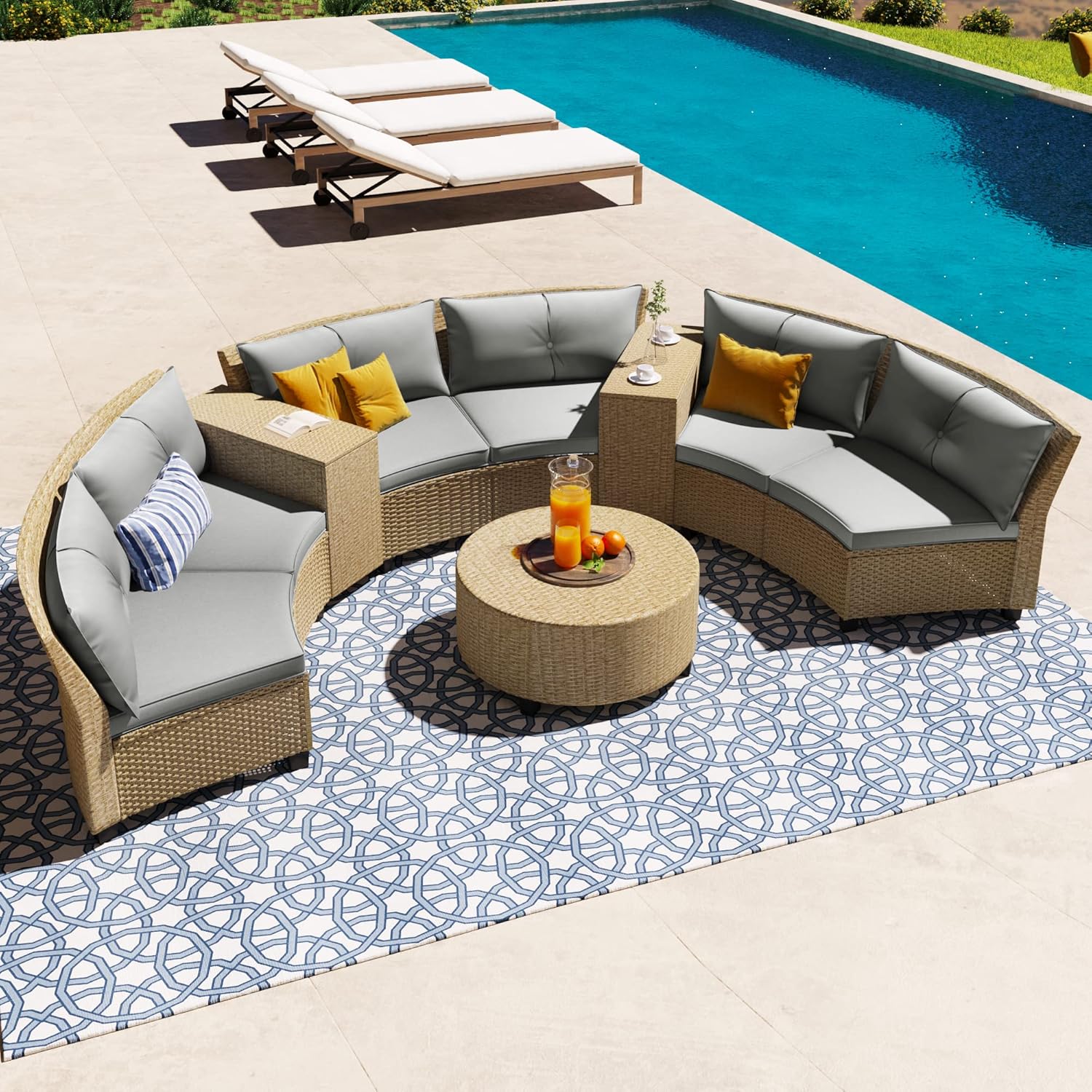 Merax Patio Furniture Sets 4 Pieces, All Weather Outdoor PE Rattan Sofa with Wood Table and Legs, for Lawn, Backyard, Poolside or Garden, Blue - Image 10