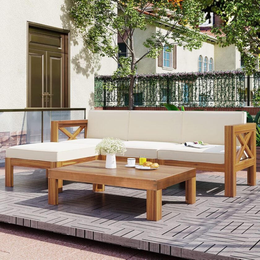 Merax Patio Furniture Sets 4 Pieces, All Weather Outdoor PE Rattan Sofa with Wood Table and Legs, for Lawn, Backyard, Poolside or Garden, Blue - Image 12