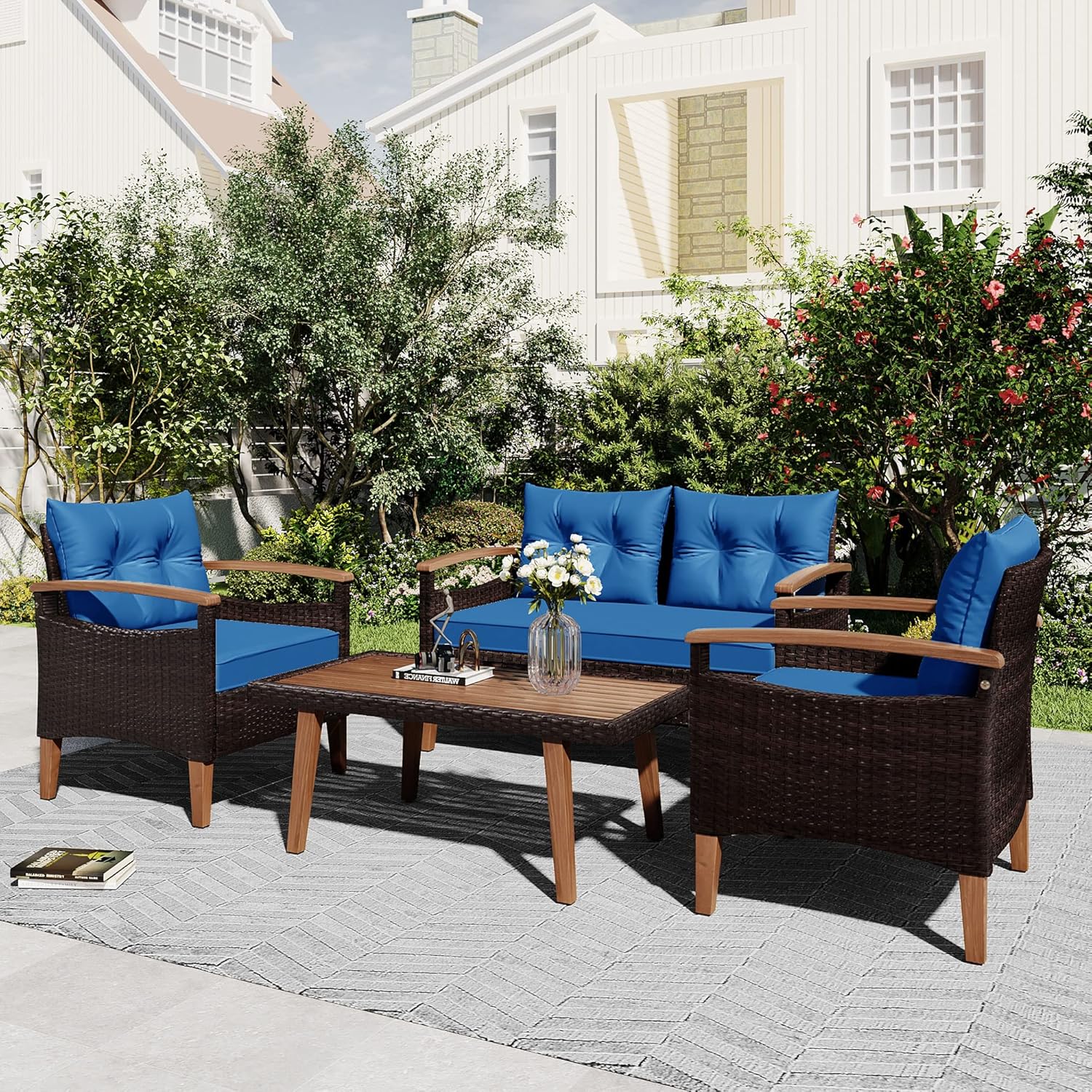 Merax Patio Furniture Sets 4 Pieces, All Weather Outdoor PE Rattan Sofa with Wood Table and Legs, for Lawn, Backyard, Poolside or Garden, Blue