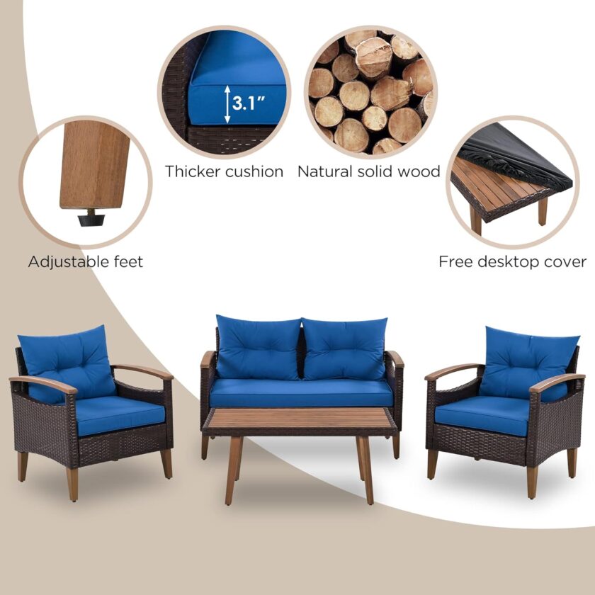 Merax Patio Furniture Sets 4 Pieces, All Weather Outdoor PE Rattan Sofa with Wood Table and Legs, for Lawn, Backyard, Poolside or Garden, Blue - Image 2