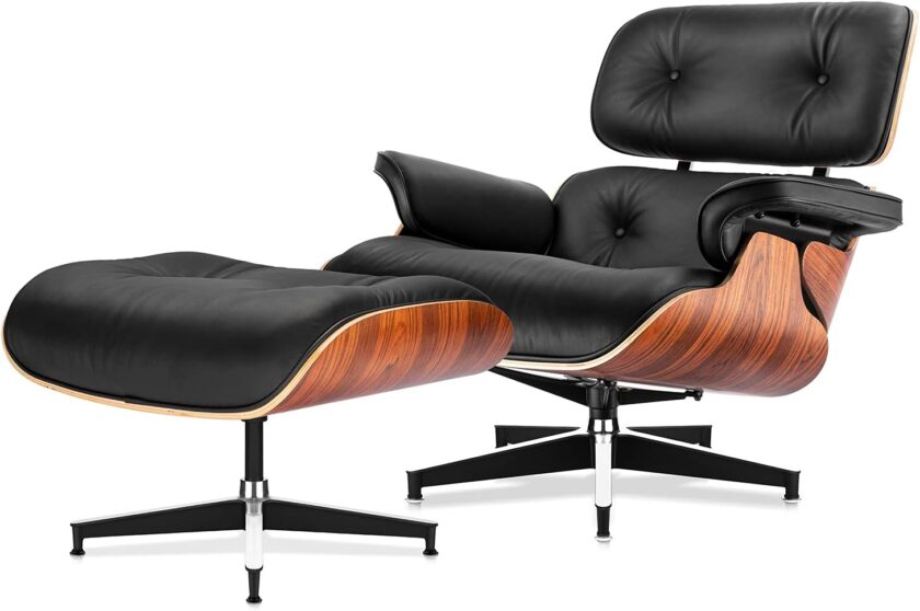 Mid Century Lounge Chair and Ottoman, Modern Chair Classic Design, Top Black Grain Leather Palisander Wood, Heavy Duty Base Support for Living Room Study Lounge Office