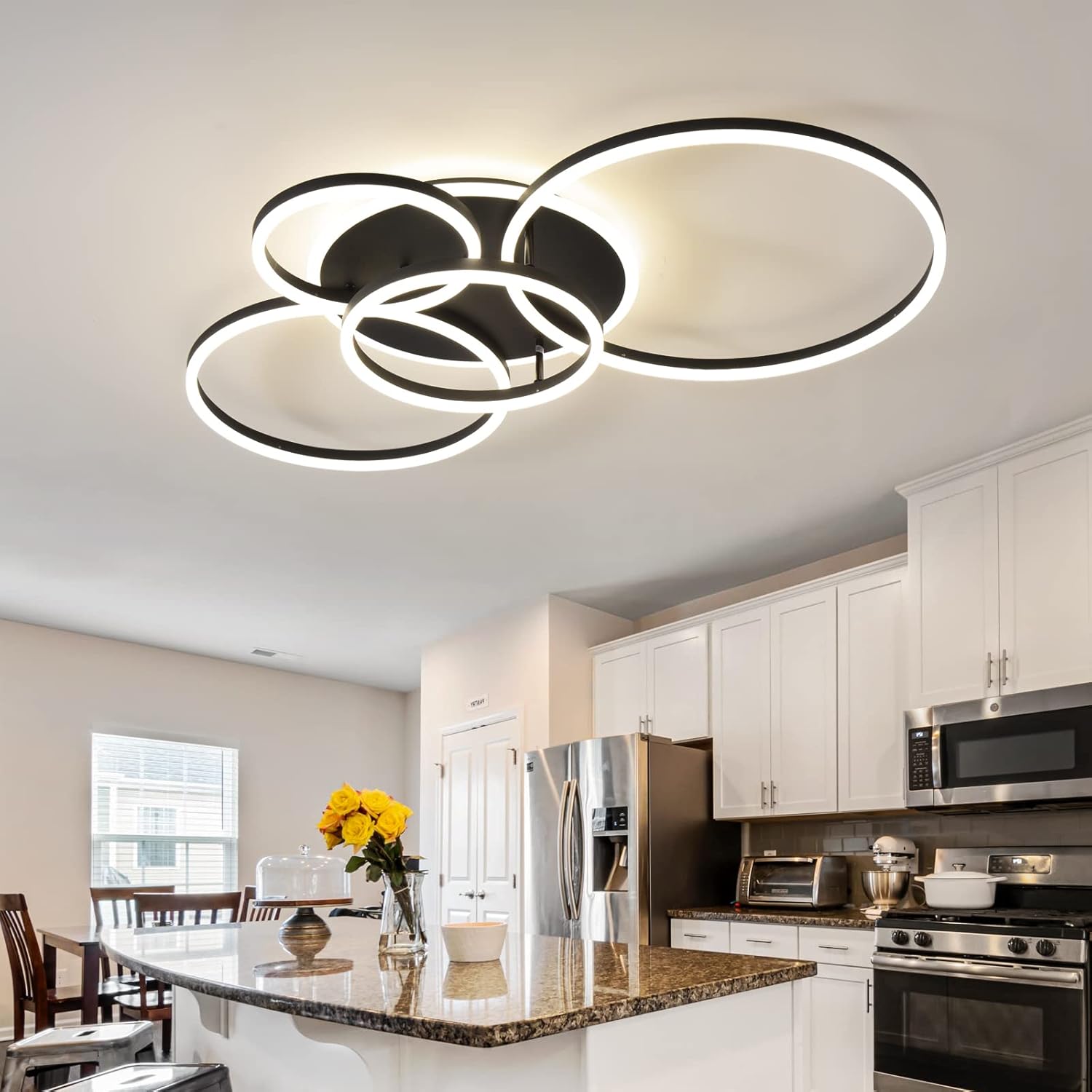 Modern LED Ceiling Light 90W Dimmable Ceiling Light Fixture with Remote Control 5 Rings Flush Mount Ceiling Light Black Acrylic Chandelier LED for Living Room Bedroom Kitchen Light fixtures(4+1B01) - Image 5