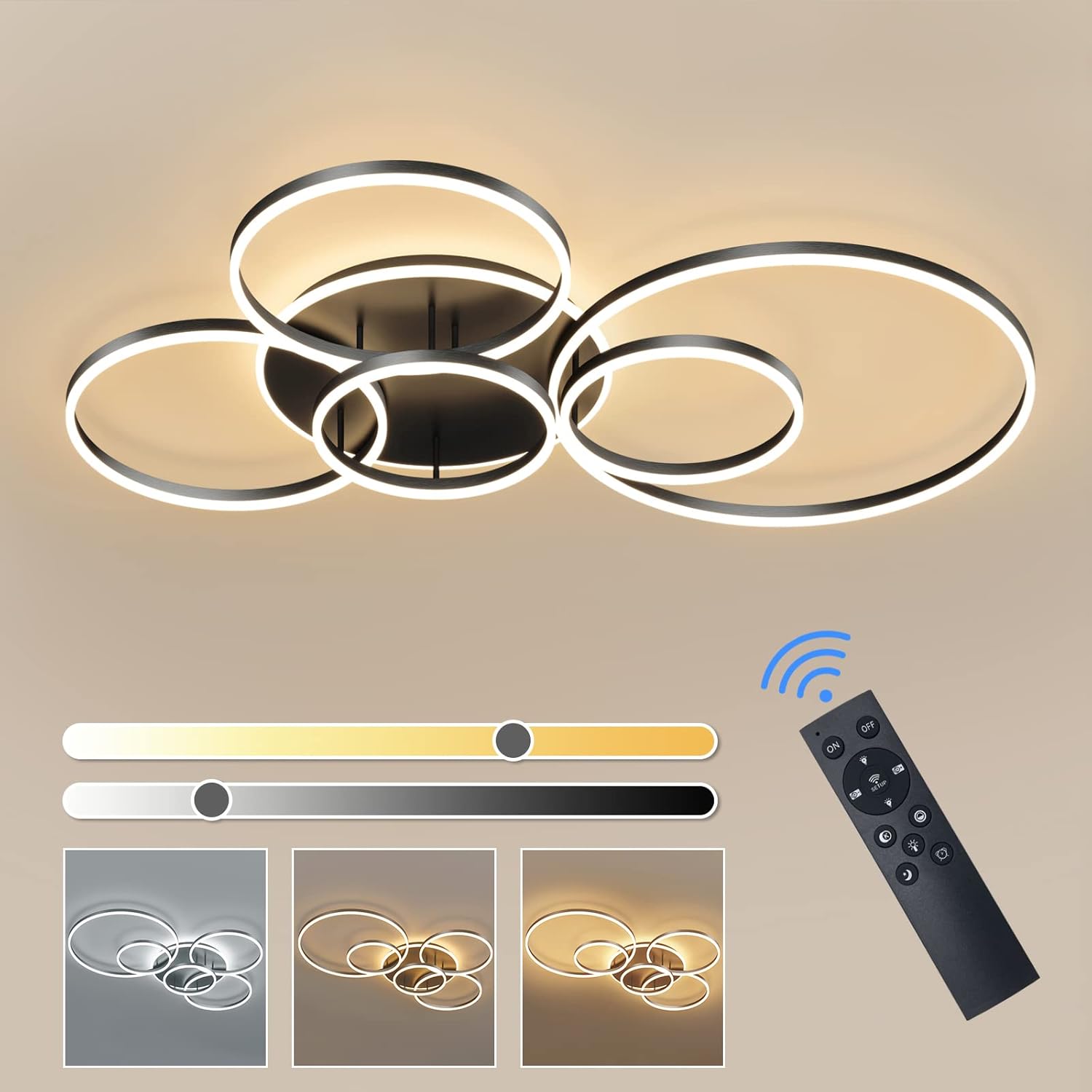 Modern LED Ceiling Light 90W Dimmable Ceiling Light Fixture with Remote Control 5 Rings Flush Mount Ceiling Light Black Acrylic Chandelier LED for Living Room Bedroom Kitchen Light fixtures(4+1B01) - Image 9