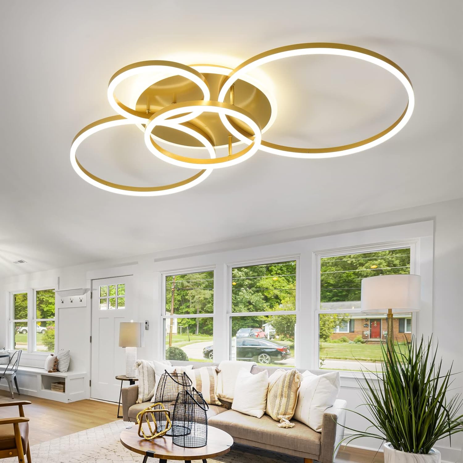 Modern LED Ceiling Light 90W Dimmable Ceiling Light Fixture with Remote Control 5 Rings Flush Mount Ceiling Light Black Acrylic Chandelier LED for Living Room Bedroom Kitchen Light fixtures(4+1B01) - Image 8