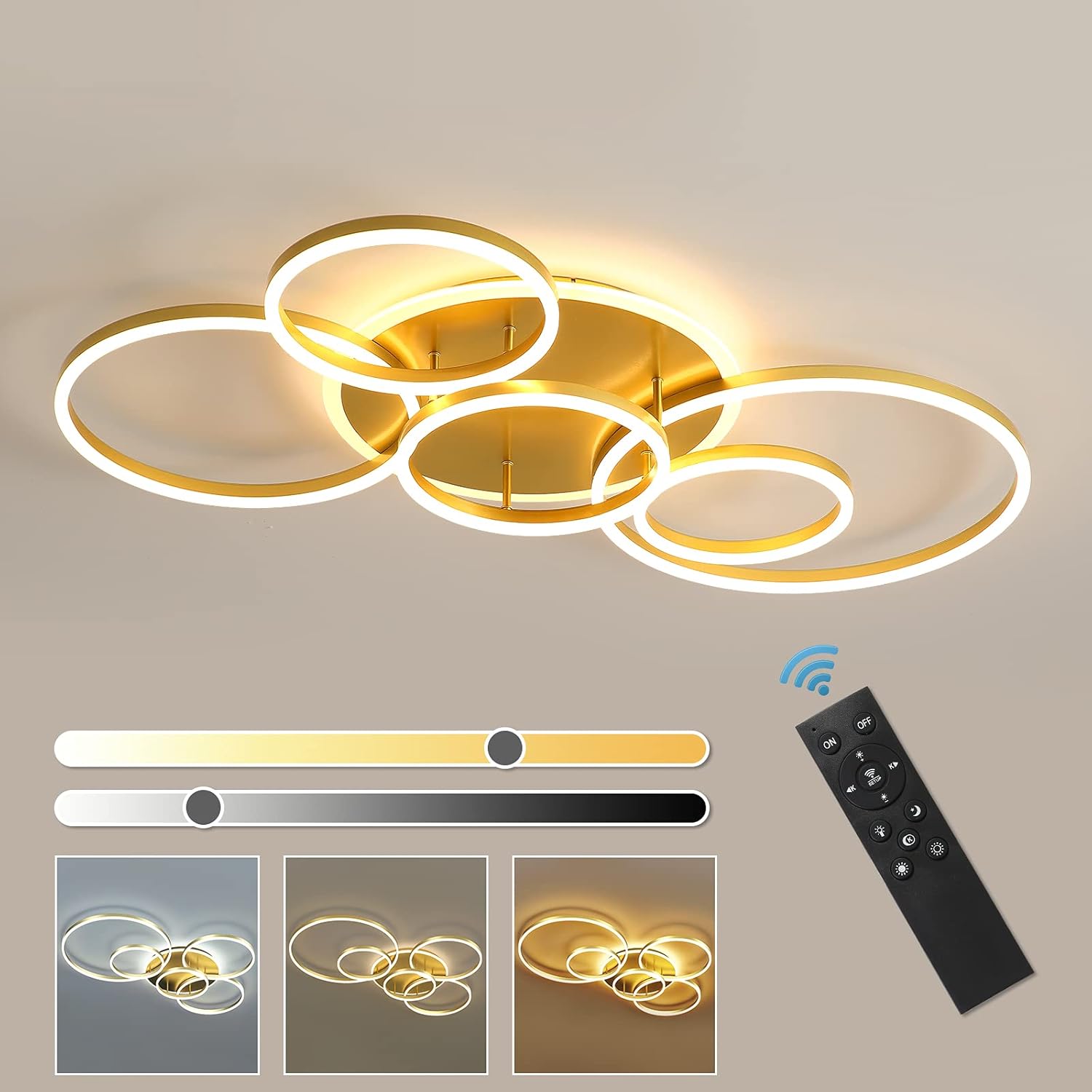 Modern LED Ceiling Light 90W Dimmable Ceiling Light Fixture with Remote Control 5 Rings Flush Mount Ceiling Light Black Acrylic Chandelier LED for Living Room Bedroom Kitchen Light fixtures(4+1B01) - Image 7